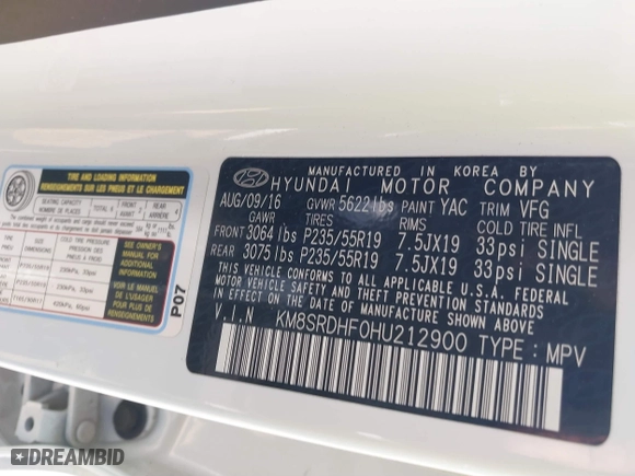 2017 Hyundai Santa Fe Limited Ultimate with VIN KM8SRDHF0HU212900, listed as a IAAI auction lot 39857730 with 86,682 mi miles. Bid and sale history available at carsss.com. Image 9.
