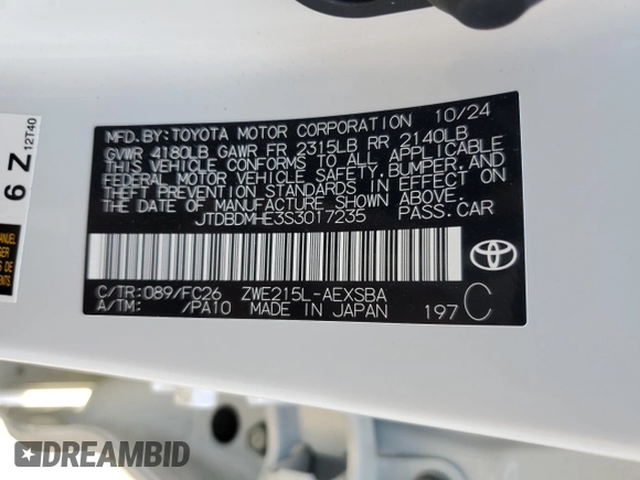 2025 Toyota Corolla Hybrid LE with VIN JTDBDMHE3S3017235, listed as a Copart auction lot 48109915 with 1,270 mi miles and Salvage Title. Bid and sale history available at carsss.com. Image 12.