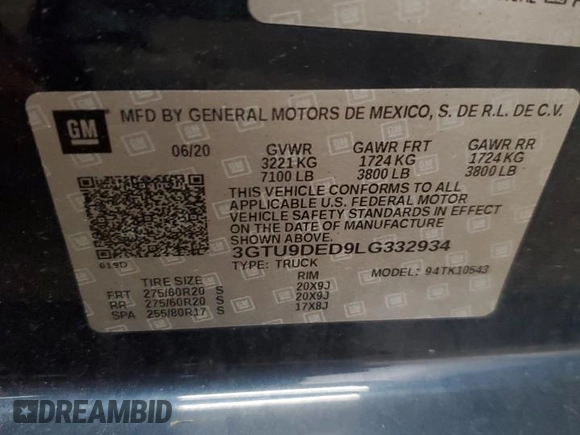 2020 GMC Sierra 1500 SLT z VIN 3GTU9DED9LG332934, wystawiony jako Copart lot #58841335 z przebiegiem 15 625 mil mil oraz Szkoda całkowita • Salvage title. Historia ofert i sprzedaży dostępna na DreamBid. Obrazek 13.