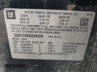 2012 GMC Terrain SLE-2 z VIN 2GKFLTEK5C6295299, wystawiony jako IAAI lot #42477464 z przebiegiem 166 288 mil mil oraz . Historia ofert i sprzedaży dostępna na DreamBid. Obrazek 9.
