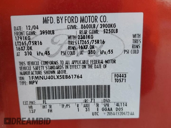 2005 Ford Excursion Special Serv с VIN 1FMNU40LX5EB61764, выставлен на аукционе Copart как лот 75188594 с пробегом Не указан миль и Списание • Salvage title. История ставок и продаж доступна на DreamBid. Изображение 14.