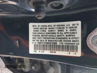 2019 Honda Civic Sedan EX with VIN 19XFC1F33KE010363, listed as a IAAI auction lot 41863301 with 77,578 mi miles. Bid and sale history available at carsss.com. Image 9.