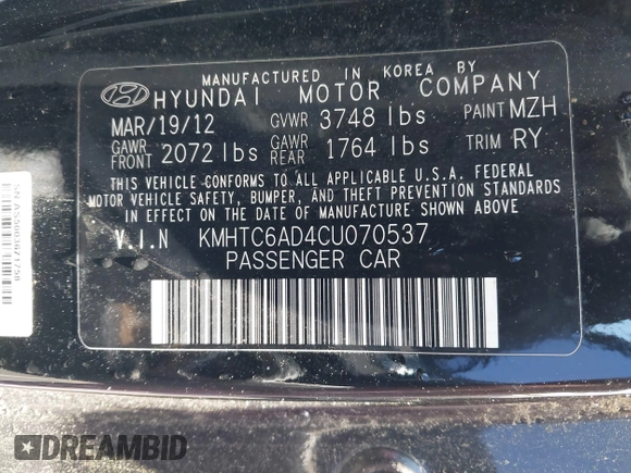 2012 Hyundai Veloster w/Gray Int с VIN KMHTC6AD4CU070537, выставлен на аукционе IAAI как лот 42202272 с пробегом 120 054 миль миль и . История ставок и продаж доступна на DreamBid. Изображение 9.
