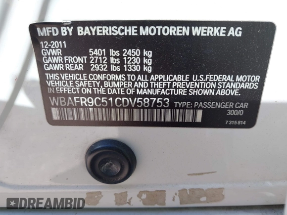2012 BMW 5 Series 550i with VIN WBAFR9C51CDV58753, listed as a IAAI auction lot 41837245 with 123,119 mi miles and . Bid and sale history available at DreamBid. Image 9.