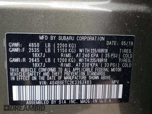 2019 Subaru Outback Touring with VIN 4S4BSETC2K3363483, listed as a Copart auction lot 52792415 with 79,867 mi miles and Salvage title. Bid and sale history available at DreamBid. Image 13.
