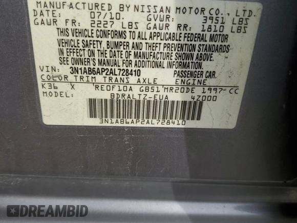 2010 Nissan Sentra S with VIN 3N1AB6AP2AL728410, listed as a Copart auction lot 54409755 with 144,819 mi miles and Clean Title. Bid and sale history available at carsss.com. Image 12.