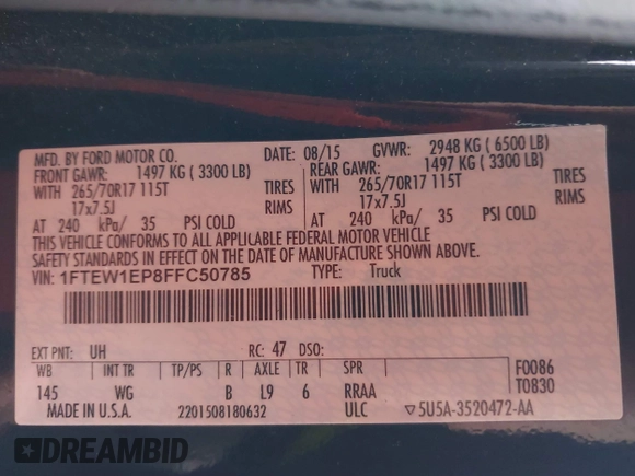 2015 Ford F-150 XLT с VIN 1FTEW1EP8FFC50785, выставлен на аукционе IAAI как лот 41104897 с пробегом 140 695 миль миль и . История ставок и продаж доступна на DreamBid. Изображение 9.