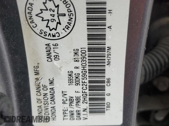 2016 Honda Civic Sedan LX with VIN 2HGFC2F59GH039001, listed as a Copart auction lot 52540465 with 289,943 mi miles and Salvage Title. Bid and sale history available at carsss.com. Image 12.