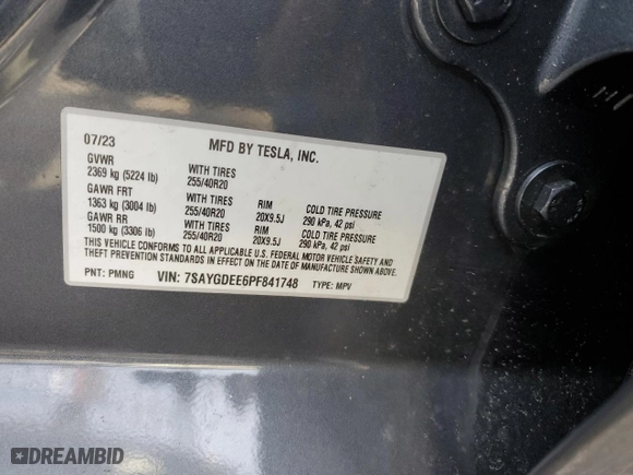 2023 Tesla Model Y Long Range with VIN 7SAYGDEE6PF841748, listed as a Copart auction lot 43748195 with 22,563 mi miles and Salvage Title. Bid and sale history available at carsss.com. Image 13.