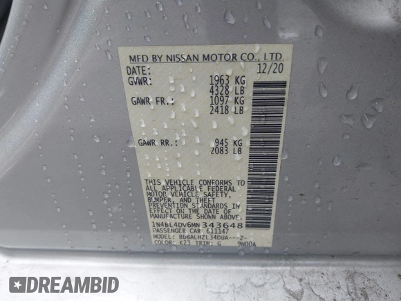 2021 Nissan Altima SV with VIN 1N4BL4DV6MN343648, listed as a IAAI auction lot 42321888 with 18,232 mi miles and . Bid and sale history available at DreamBid. Image 9.
