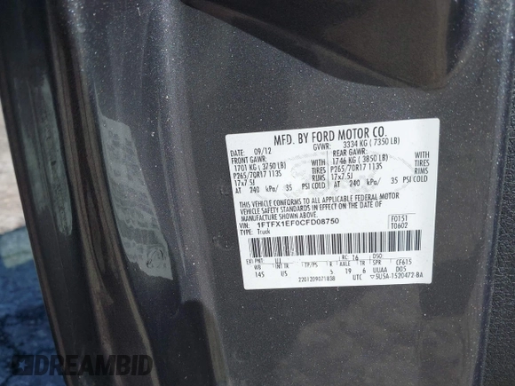 2012 Ford F-150 XL with VIN 1FTFX1EF0CFD08750, listed as a IAAI auction lot 42005442 with 119,380 mi miles. Bid and sale history available at carsss.com. Image 9.