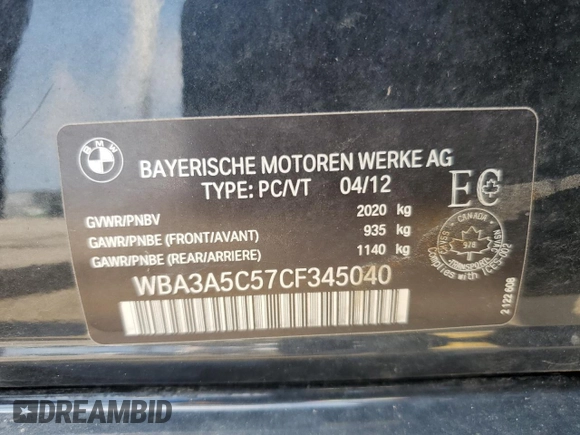 2012 BMW 3 Series 328i with VIN WBA3A5C57CF345040, listed as a Copart auction lot 63761735 with 106,665 mi miles and Clean title. Bid and sale history available at DreamBid. Image 12.