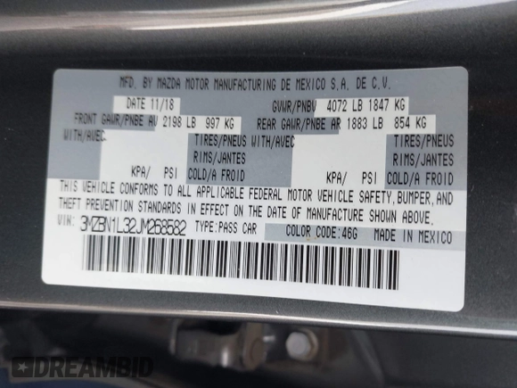 2018 Mazda 3 Touring with VIN 3MZBN1L32JM268582, listed as a IAAI auction lot 42072435 with 61,417 mi miles. Bid and sale history available at carsss.com. Image 9.