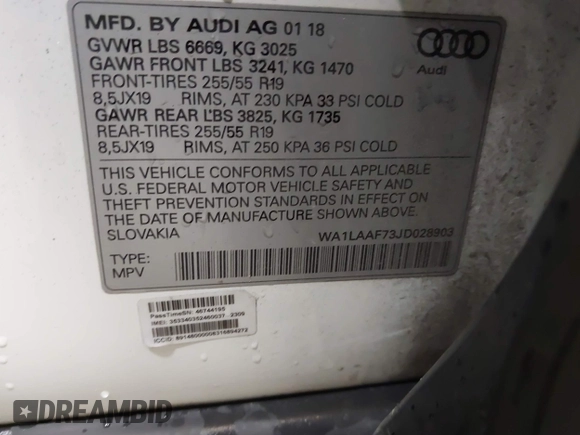2018 Audi Q7 Premium Plus with VIN WA1LAAF73JD028903, listed as a IAAI auction lot 42044235 with 113,033 mi miles and . Bid and sale history available at DreamBid. Image 9.