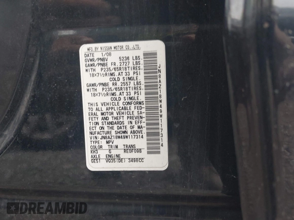 2009 Nissan Murano SL with VIN JN8AZ18W49W117314, listed as a IAAI auction lot 42263435 with 223,127 mi miles and . Bid and sale history available at DreamBid. Image 9.