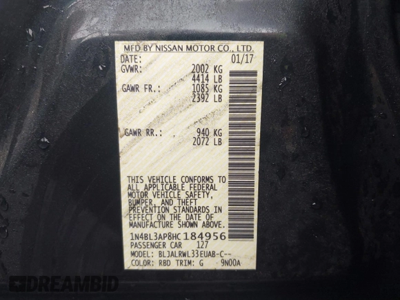 2017 Nissan Altima SR with VIN 1N4BL3AP8HC184956, listed as a IAAI auction lot 40779737 with 120,270 mi miles and . Bid and sale history available at DreamBid. Image 9.