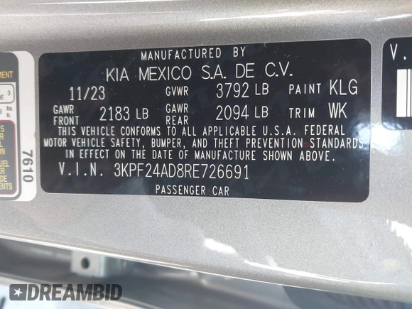 2024 Kia Forte LXS with VIN 3KPF24AD8RE726691, listed as a IAAI auction lot 42026037 with 27,816 mi miles and . Bid and sale history available at DreamBid. Image 9.