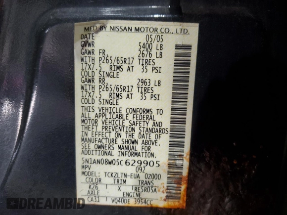 2005 Nissan Xterra SE z VIN 5N1AN08W05C629905, wystawiony jako Copart lot #78001924 z przebiegiem 230 538 mil mil oraz Szkoda całkowita • Salvage title. Historia ofert i sprzedaży dostępna na DreamBid. Obrazek 15.