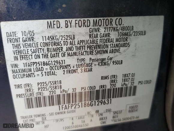 2006 Ford Five Hundred Limited with VIN 1FAFP25186G129631, listed as a Copart auction lot 72193224 with 191,321 mi miles and Salvage Title. Bid and sale history available at carsss.com. Image 14.
