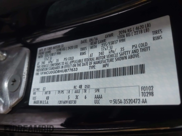 2017 Ford Escape SE with VIN 1FMCU0GD8HUB77633, listed as a IAAI auction lot 42158359 with 111,190 mi miles and . Bid and sale history available at DreamBid. Image 9.