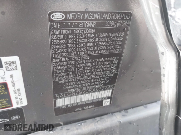 2019 Land Rover Range Rover HSE with VIN SALGS2SV0KA537745, listed as a IAAI auction lot 42245270 with 49,616 mi miles and . Bid and sale history available at DreamBid. Image 9.
