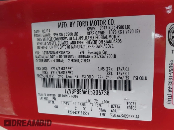 2014 Ford Mustang V6 with VIN 1ZVBP8EM6E5306738, listed as a IAAI auction lot 41226593 with 98,553 mi miles. Bid and sale history available at carsss.com. Image 9.