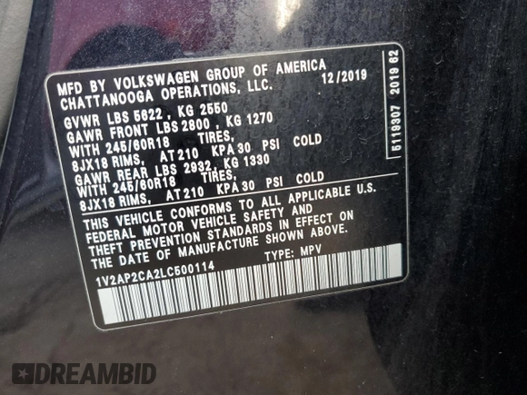 2020 Volkswagen Atlas S with VIN 1V2AP2CA2LC500114, listed as a Copart auction lot 82562394 with 114,404 mi miles and Non repairable. Bid and sale history available at DreamBid. Image 16.
