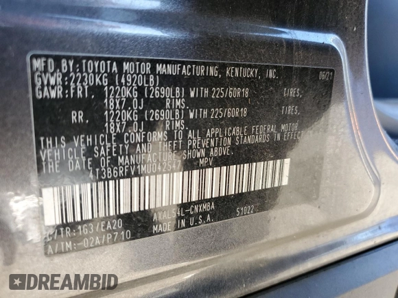 2021 Toyota RAV4 Hybrid LE with VIN 4T3B6RFV1MU042547, listed as a Copart auction lot 53558175 with 77,985 mi miles and Salvage title. Bid and sale history available at DreamBid. Image 13.