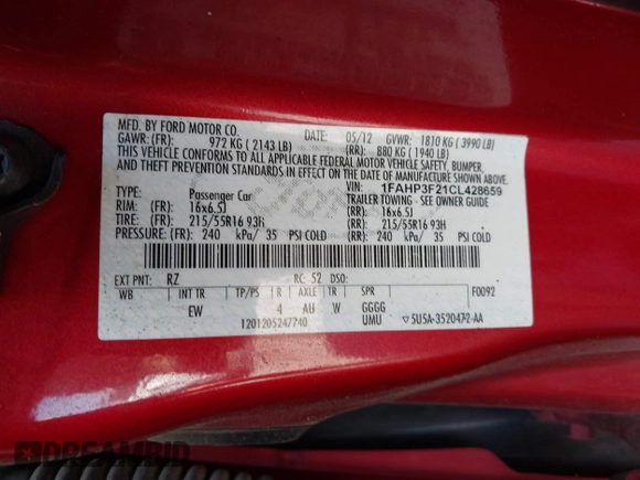 2012 Ford Focus SE z VIN 1FAHP3F21CL428659, wystawiony jako IAAI lot #42040183 z przebiegiem 195 947 mil mil oraz . Historia ofert i sprzedaży dostępna na DreamBid. Obrazek 9.