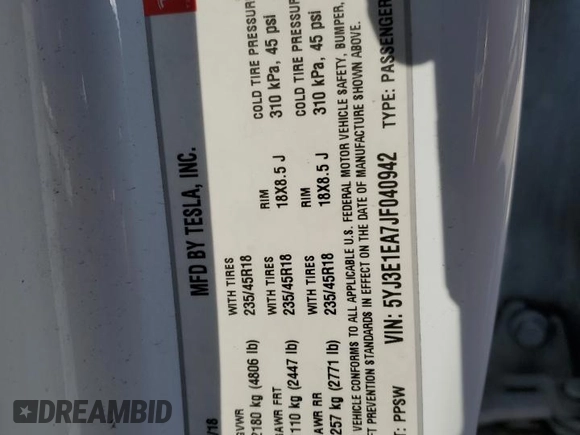 2018 Tesla Model 3 Long Range Battery with VIN 5YJ3E1EA7JF040942, listed as a Copart auction lot 56147225 with 82,482 mi miles and Salvage Title. Bid and sale history available at DreamBid. Image 12.