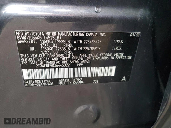 2018 Toyota RAV4 XLE with VIN 2T3WFREV0JW445322, listed as a Copart auction lot 55623845 with 116,700 mi miles and Salvage title. Bid and sale history available at DreamBid. Image 13.