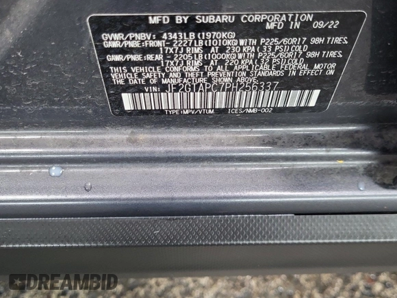 2023 Subaru Crosstrek Premium с VIN JF2GTAPC7PH256337, выставлен на аукционе IAAI как лот 42550046 с пробегом 12 298 миль миль и . История ставок и продаж доступна на DreamBid. Изображение 48.