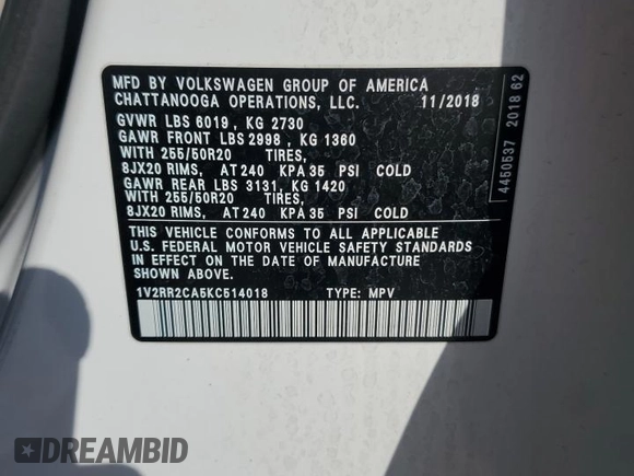 2019 Volkswagen Atlas SEL R-Line with VIN 1V2RR2CA5KC514018, listed as a Copart auction lot 49083155 with 97,812 mi miles and Salvage title. Bid and sale history available at DreamBid. Image 15.