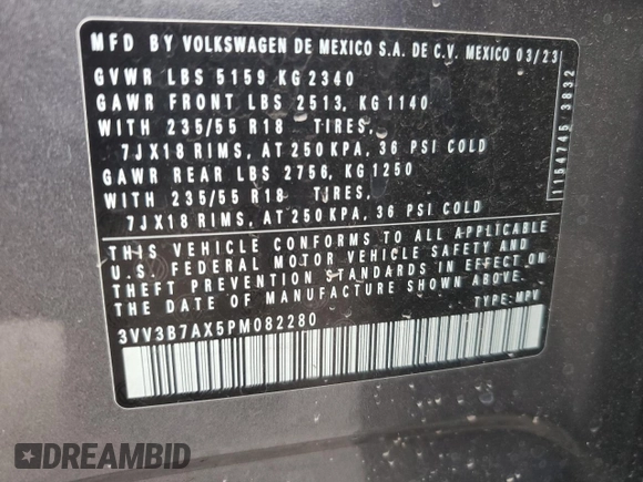 2023 Volkswagen Tiguan SE z VIN 3VV3B7AX5PM082280, wystawiony jako Copart lot #59896235 z przebiegiem 21 791 mil mil oraz Szkoda całkowita • Salvage title. Historia ofert i sprzedaży dostępna na DreamBid. Obrazek 13.