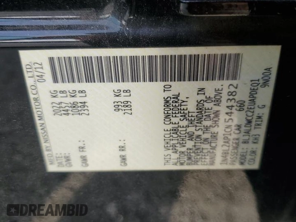 2012 Nissan Altima SR with VIN 1N4BL2AP1CN544382, listed as a Copart auction lot 55041225 with 185,973 mi miles and Clean Title. Bid and sale history available at DreamBid. Image 12.