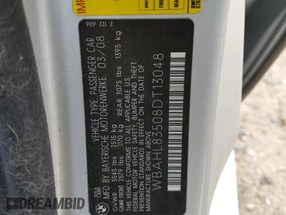 2008 BMW 7 Series 750i with VIN WBAHL83508DT13048, listed as a Copart auction lot 85141334 with 140,853 mi miles and Clean title. Bid and sale history available at DreamBid. Image 12.