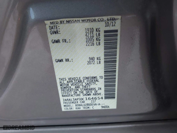 2013 Nissan Altima 2.5 SL with VIN 1N4AL3AP5DC164654, listed as a IAAI auction lot 41397318 with 186,333 mi miles. Bid and sale history available at carsss.com. Image 9.