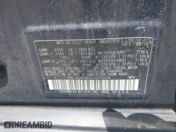 2013 Subaru Outback Limited с VIN 4S4BRBKC7D3233374, выставлен на аукционе IAAI как лот 42363609 с пробегом 107 601 миль миль и . История ставок и продаж доступна на DreamBid. Изображение 9.