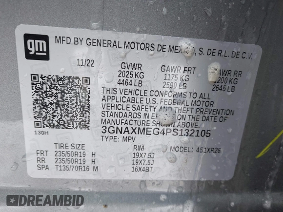 2023 Chevrolet Equinox RS with VIN 3GNAXMEG4PS132105, listed as a IAAI auction lot 41596391 with 36,893 mi miles. Bid and sale history available at carsss.com. Image 9.