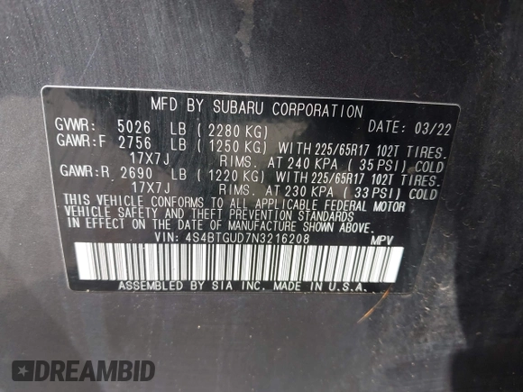 2022 Subaru Outback Wilderness z VIN 4S4BTGUD7N3216208, wystawiony jako IAAI lot #41918716 z przebiegiem 47 690 mil mil oraz . Historia ofert i sprzedaży dostępna na DreamBid. Obrazek 9.