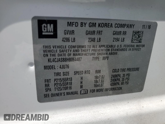 2017 Buick Encore Preferred with VIN KL4CJASB8HB064487, listed as a Copart auction lot 56883075 with 44,185 mi miles and Non repairable. Bid and sale history available at DreamBid. Image 13.