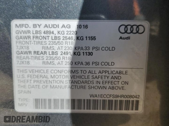 2017 Audi Q3 Premium with VIN WA1ECCFS9HR008042, listed as a Copart auction lot 53344325 with 45,159 mi miles and Clean title. Bid and sale history available at DreamBid. Image 13.