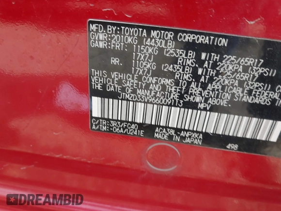 2006 Toyota RAV4 with VIN JTMZD33V966009113, listed as a IAAI auction lot 41770759 with 88,953 mi miles. Bid and sale history available at carsss.com. Image 9.