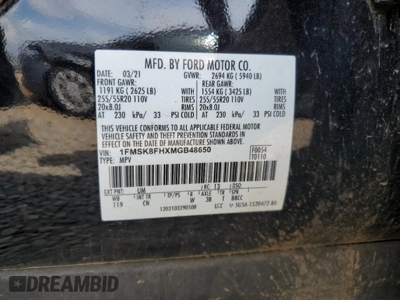 2021 Ford Explorer Limited z VIN 1FMSK8FHXMGB48650, wystawiony jako Copart lot #54504505 z przebiegiem Nie podano mil oraz Szkoda całkowita • Salvage title. Historia ofert i sprzedaży dostępna na DreamBid. Obrazek 14.
