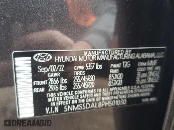 2023 Hyundai Santa Fe Calligraphy with VIN 5NMS5DAL8PH501030, listed as a Copart auction lot 59320305 with 35,178 mi miles and Salvage title. Bid and sale history available at DreamBid. Image 12.