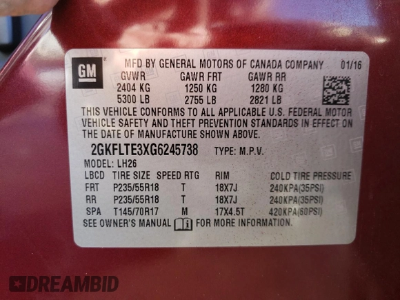 2016 GMC Terrain SLE with VIN 2GKFLTE3XG6245738, listed as a Copart auction lot 42446295 with 132,604 mi miles and Salvage Title. Bid and sale history available at DreamBid. Image 13.