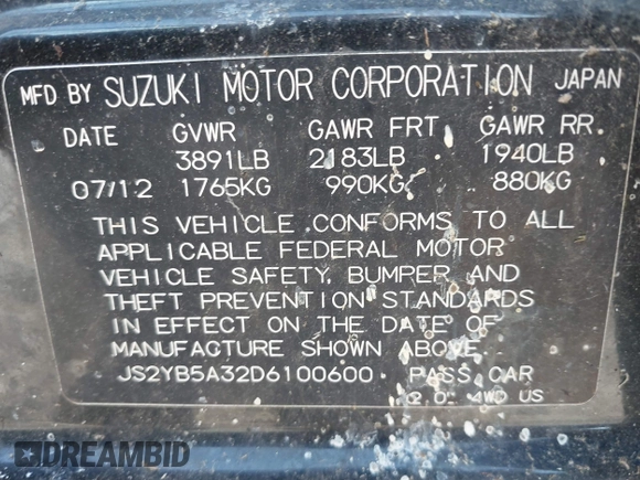 2013 Suzuki SX4 Crossover with VIN JS2YB5A32D6100600, listed as a IAAI auction lot 40667095 with 192,636 mi miles. Bid and sale history available at carsss.com. Image 9.