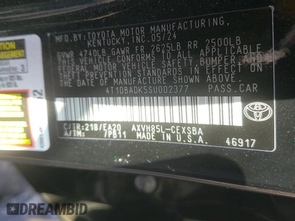 2025 Toyota Camry LE с VIN 4T1DBADK5SU002377, выставлен на аукционе Copart как лот 50020925 с пробегом Не указан миль и Списание • Salvage title. История ставок и продаж доступна на DreamBid. Изображение 14.
