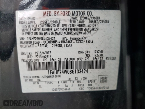 2008 Ford Taurus SEL with VIN 1FAHP24W08G133424, listed as a Copart auction lot 55426475 with 152,028 mi miles and Clean Title. Bid and sale history available at carsss.com. Image 12.
