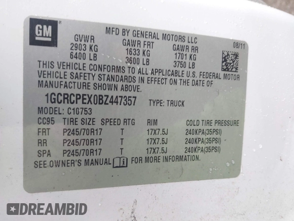 2011 Chevrolet Silverado 1500 Work Truck with VIN 1GCRCPEX0BZ447357, listed as a IAAI auction lot 41795322 with 177,163 mi miles and . Bid and sale history available at DreamBid. Image 9.